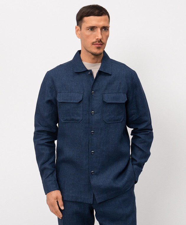 CAPOBIANCO Синя сорочка з льону прямого крою 20M515LL00 зображення 3