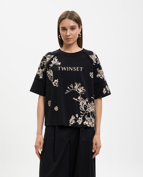Twinset Черная футболка с цветочным принтом 261LM2SDD