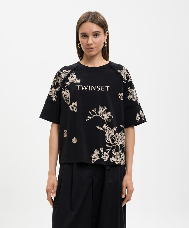Twinset Чорна футболка з квітковим принтом 261LM2SDD зображення 3