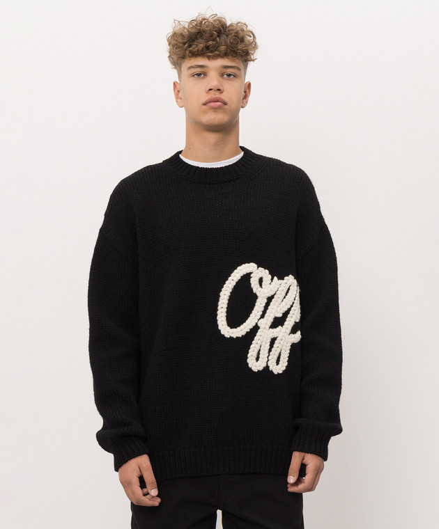 Off-White Черный свитер из шерсти с фактурной вышивкой логотипа 44MHE212F26K002 изображение 3