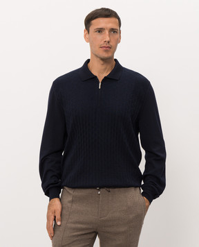 Bertolo Cashmere Синее поло из шерсти и шелка с узором 90262600256658