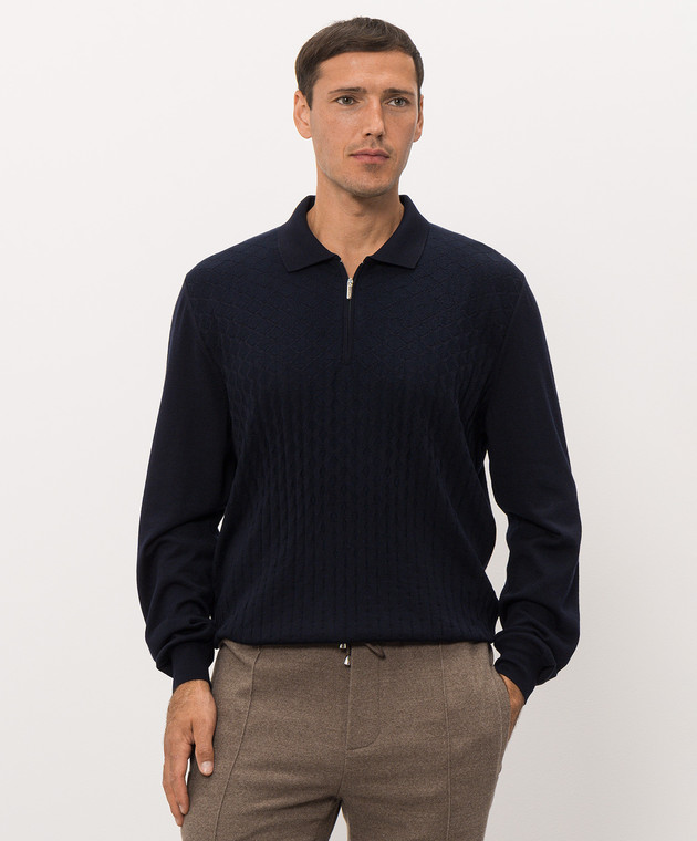 Bertolo Cashmere Синее поло из шерсти и шелка с узором 90262600256658 изображение 3