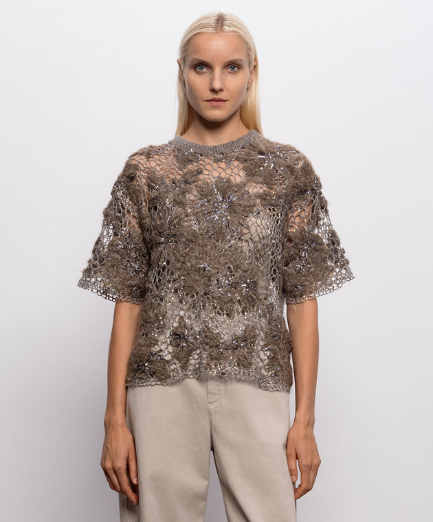 Brunello Cucinelli Коричневий ажурний топ з вовною MLRR18810 зображення 3