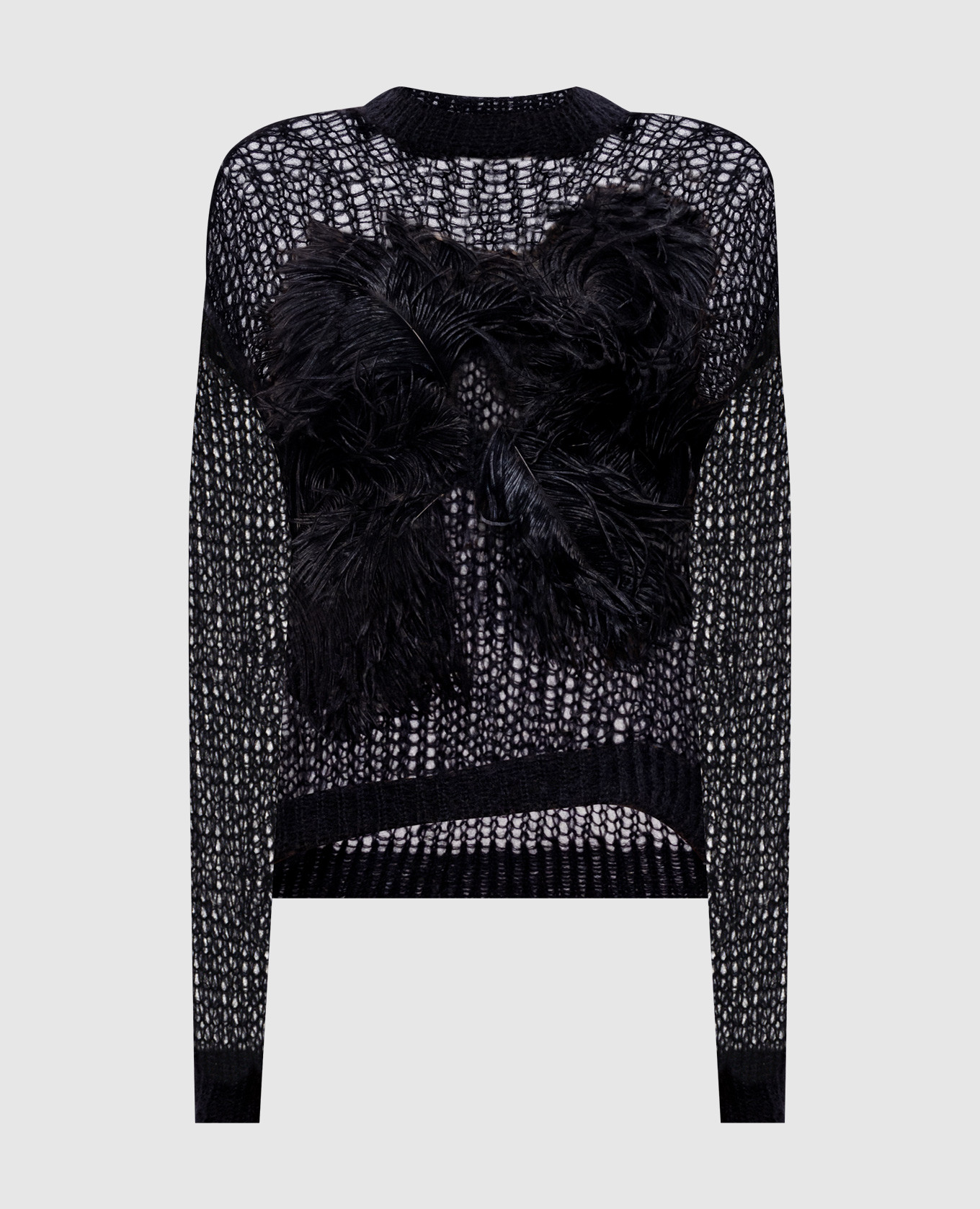

Черный ажурный свитер с шерстью и перьями страуса, Свитера