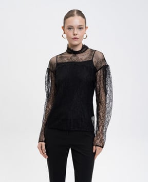 Twinset Черная блузка из кружева с логотипом 252TT2264