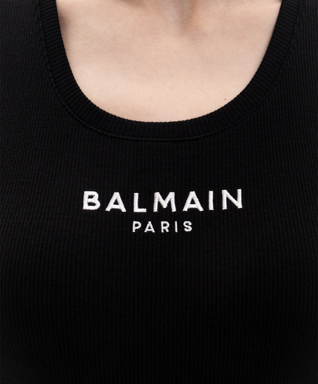 Balmain Черная футболка с контрастной вышивкой логотипа HF1EB075BD10 изображение 5