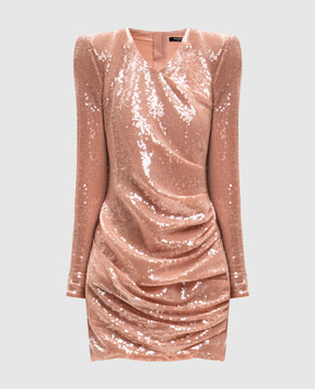 Balmain Бежевое платье в пайетке с драпировкой GF0R8925XL95