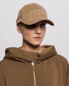 Twinset Коричнева вельветова кепка з вишивкою логотипа 262TA4120