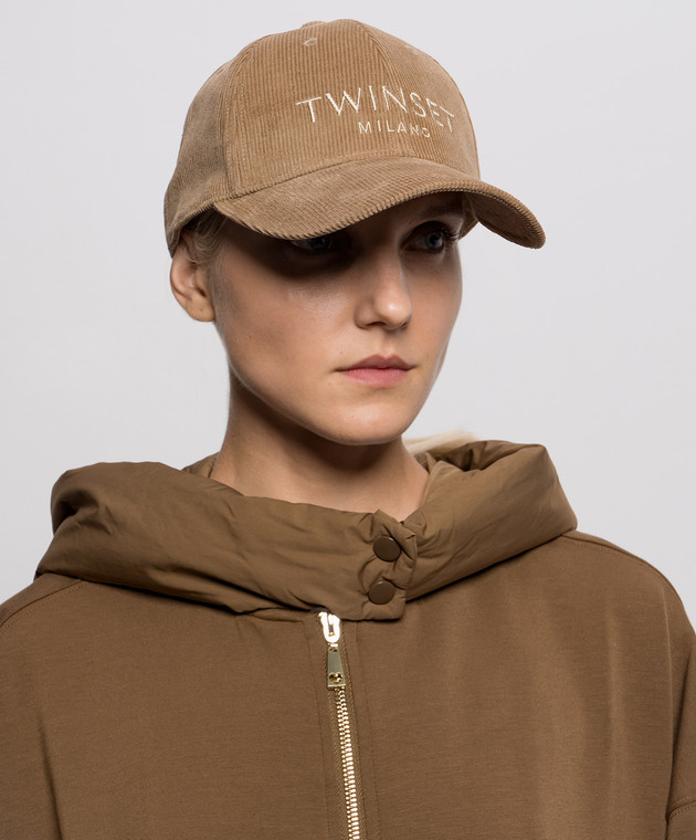 Twinset Коричнева вельветова кепка з вишивкою логотипа 262TA4120 зображення 2