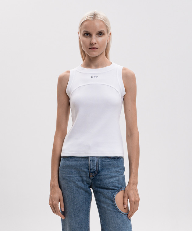Off-White Белый топ в рубчике с вышивкой логотипа 2FA00673T изображение 3