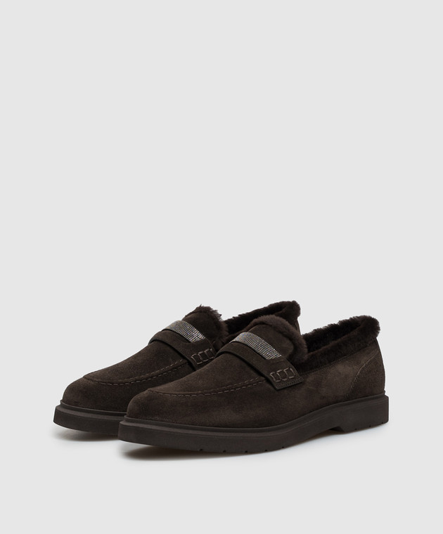 Brunello Cucinelli Коричневые замшевые лоферы на меху с цепочкой мониль MZSFG2569 изображение 2