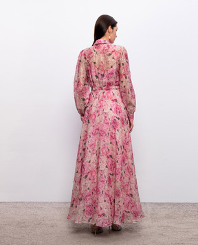 Nissa Розовое платье из льна и шелка в цветочный принт RC16551