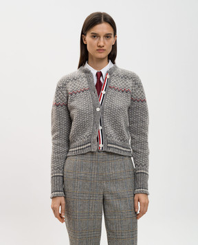 Thom Browne Серый кардиган из шерсти с жаккардовым узором FKC677AY1506