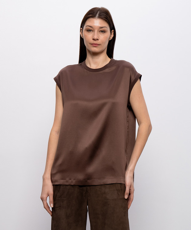 Brunello Cucinelli Коричневый топ из шелка MPC59EH500 изображение 3