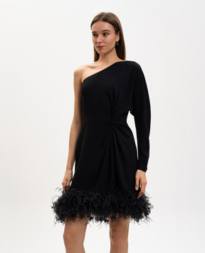 Valentino Черное платье из шелка на одно плечо с перьями страуса 8B3VAJQ51MM