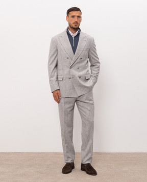 Brunello Cucinelli Серый костюм из шерсти и кашемира в полоску MV440LDPH8