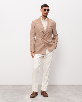 Brunello Cucinelli Коричневый двубортный пиджак из шерсти, шелка и льна MZ4077BBDG