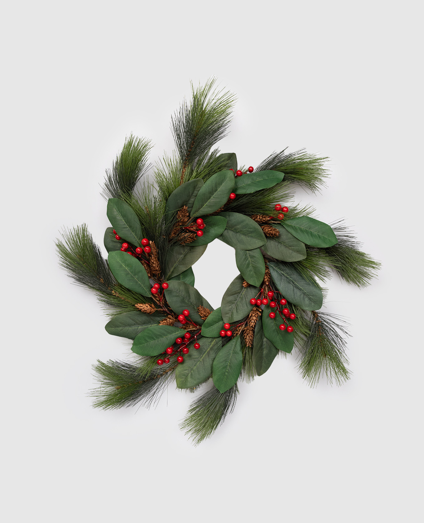 

Декоративный рождественский венок с сосновыми ветвями и ягодами магнолии, Зеленый, Декор