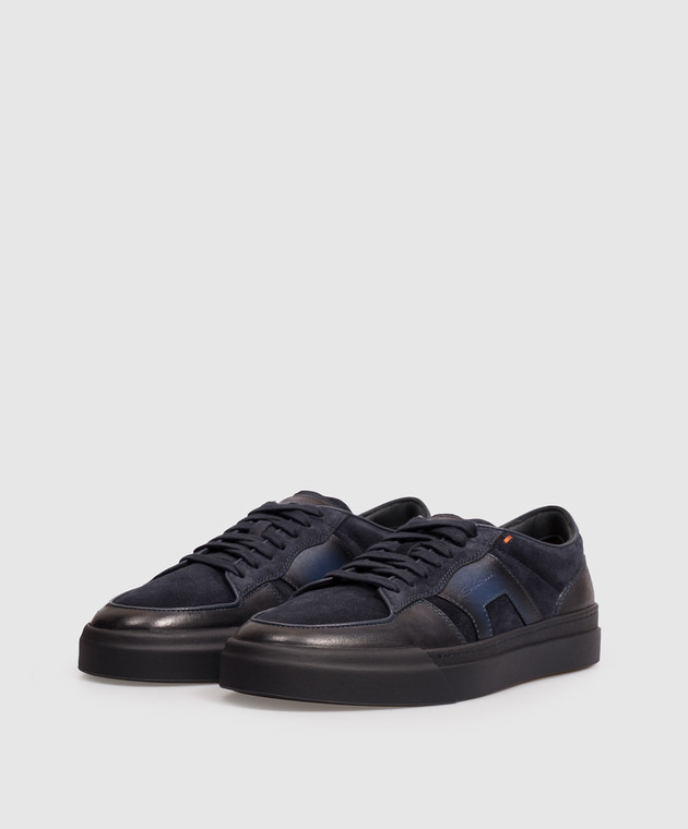 Santoni Синие кожаные кроссовки с фактурным логотипом MBGT22221OCNTGEU изображение 2