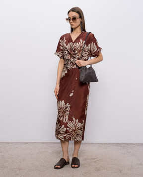 Brunello Cucinelli Коричнева сукня на запах із шовку в принт MQ967AHG41