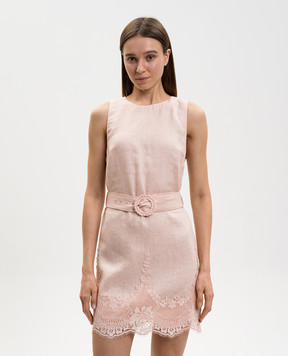 Twinset Розовое платье мини из льна с кружевом 261TT2180