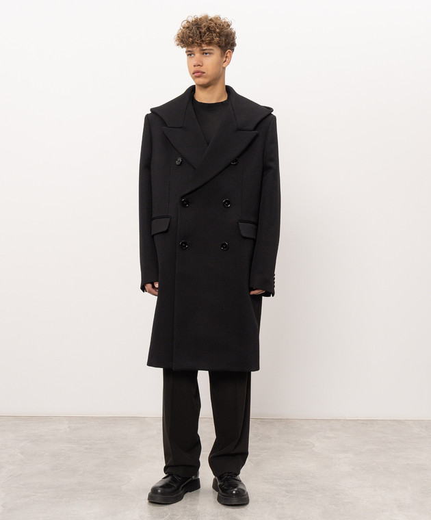 Balenciaga Черное двубортное пальто из шерсти с капюшоном A00AEYTUT15 изображение 3