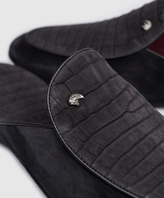 Stefano Ricci Черные замшевые тапочки с кожей крокодила UL01P752CNSD изображение 5