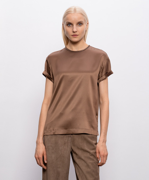 Brunello Cucinelli Коричневая блуза из шелка с отворотами MPC59DE310 изображение 3