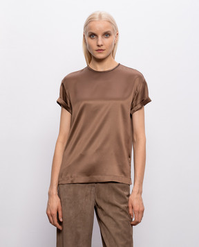 Brunello Cucinelli Коричневая блуза из шелка с отворотами MPC59DE310