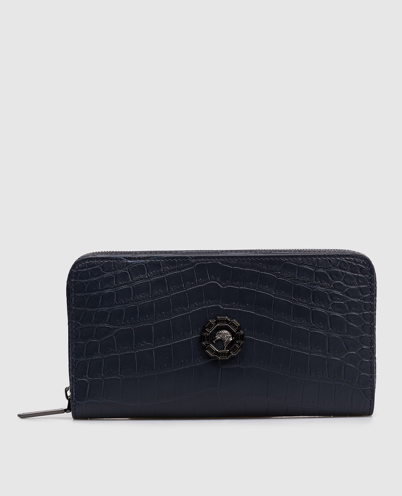 Синий кошелек из кожи крокодила с эмблемой с рутениевым покрытием