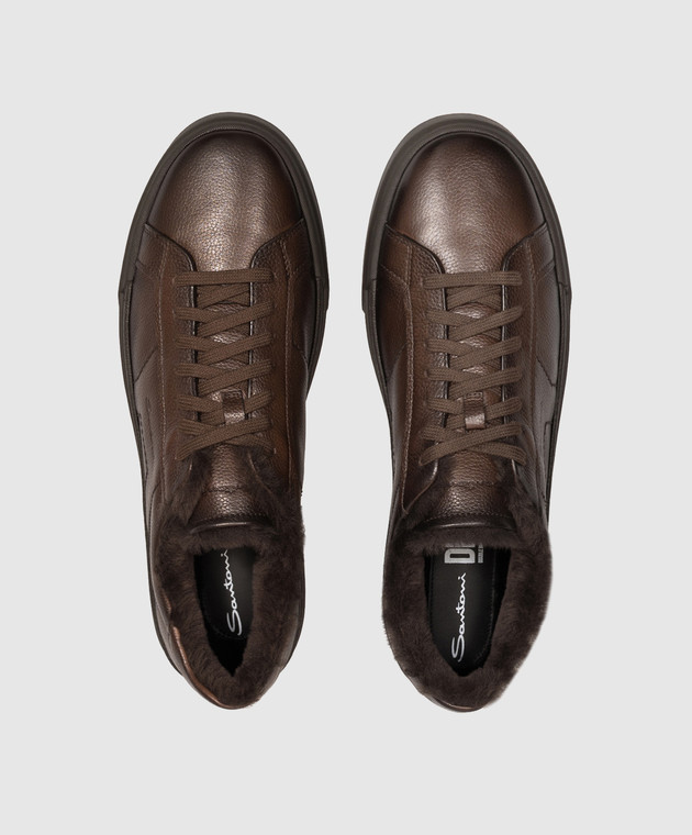 Santoni Коричневые кожаные кроссовки на меху MBGT22257SMOPPIB изображение 4
