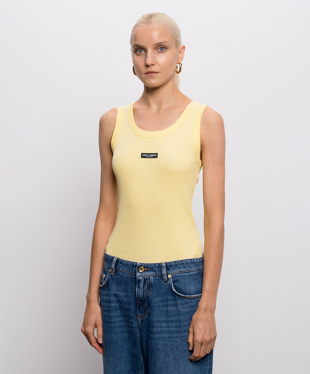 Dolce&Gabbana Жовта майка в рубчик з нашивкою логотипа F8W62TFU7AV зображення 3
