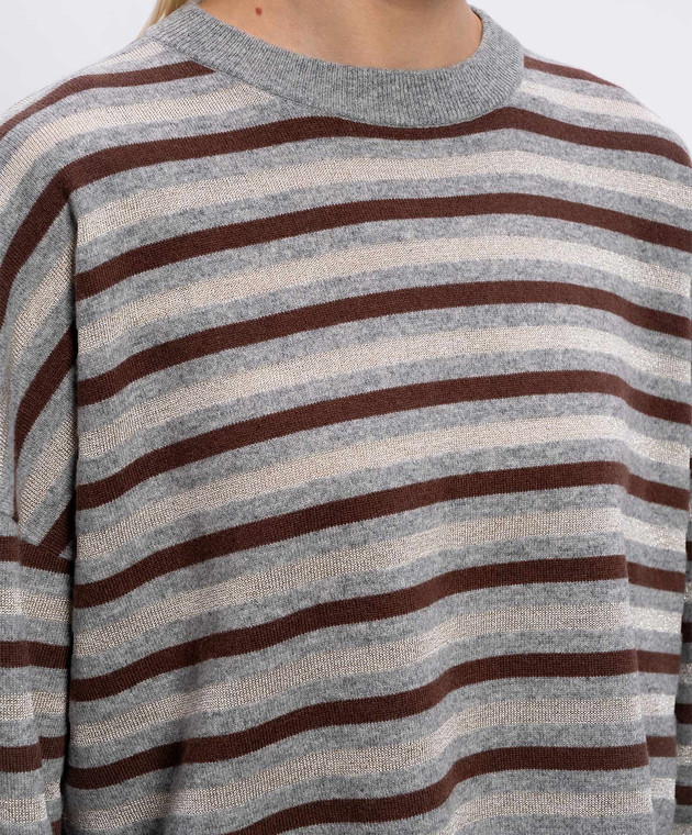 Brunello Cucinelli Серый свитер из шерсти, кашемира и шелка в полоску M16221900P изображение 5