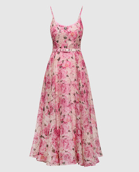 Nissa Розовое платье миди из льна и шелка RC16503