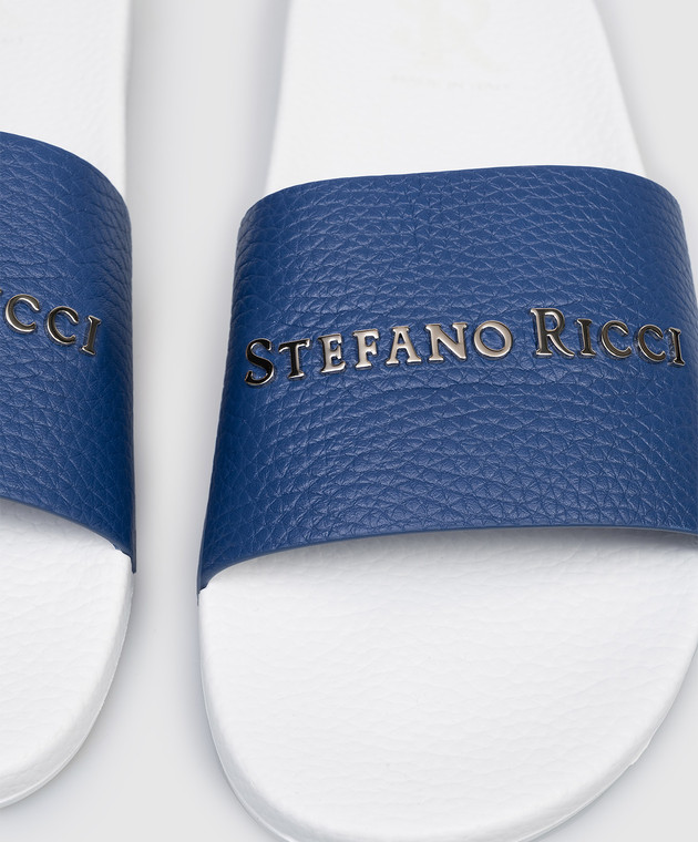 Stefano Ricci Синие кожаные слайдеры с логотипом UG31G761VD изображение 5
