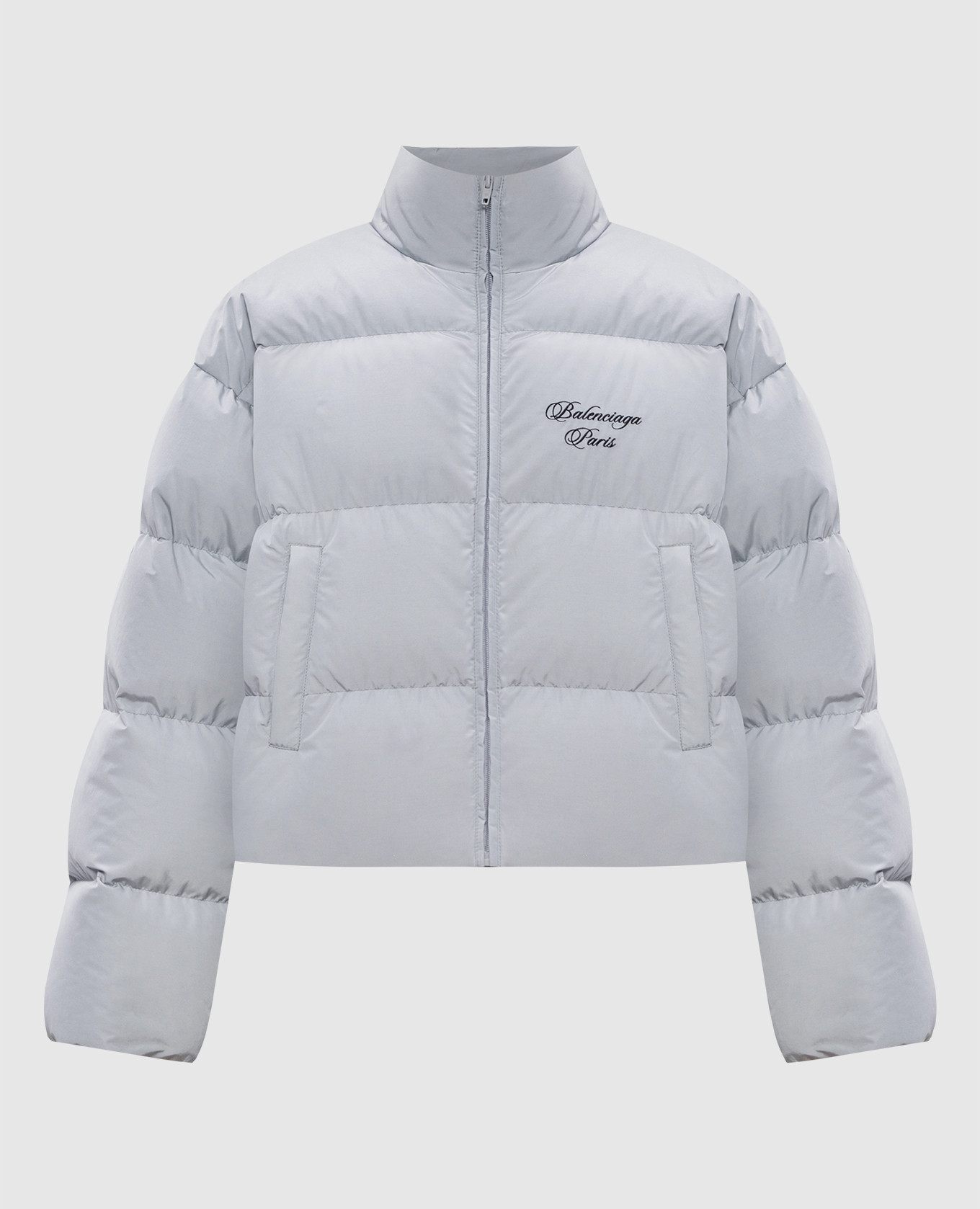 

Серый укороченный пуховик с вышивкой логотипа, Пуховики