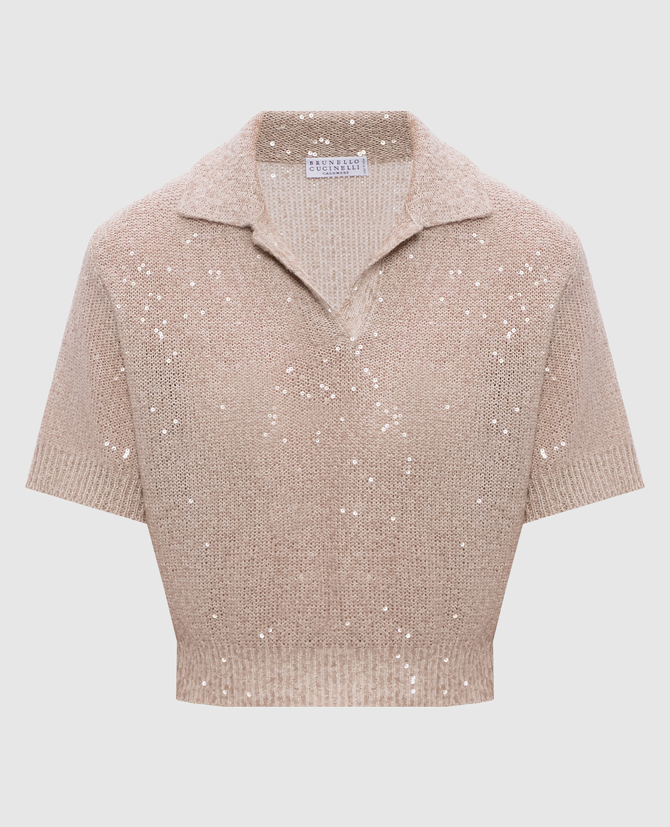 Бежевый топ из льна, кашемира и шелка в пайетке