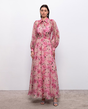 Nissa Розовое платье из льна и шелка в цветочный принт RC16551