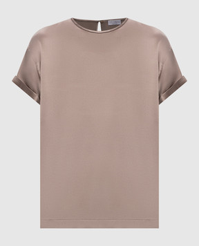 Brunello Cucinelli Коричнева блуза із шовку з ланцюжком M0C59DE310