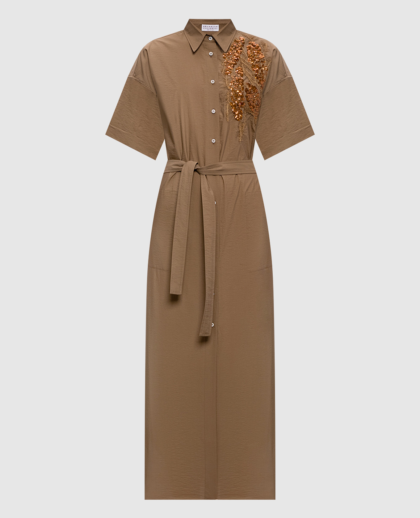 Коричневое платье-рубашка с пайетками