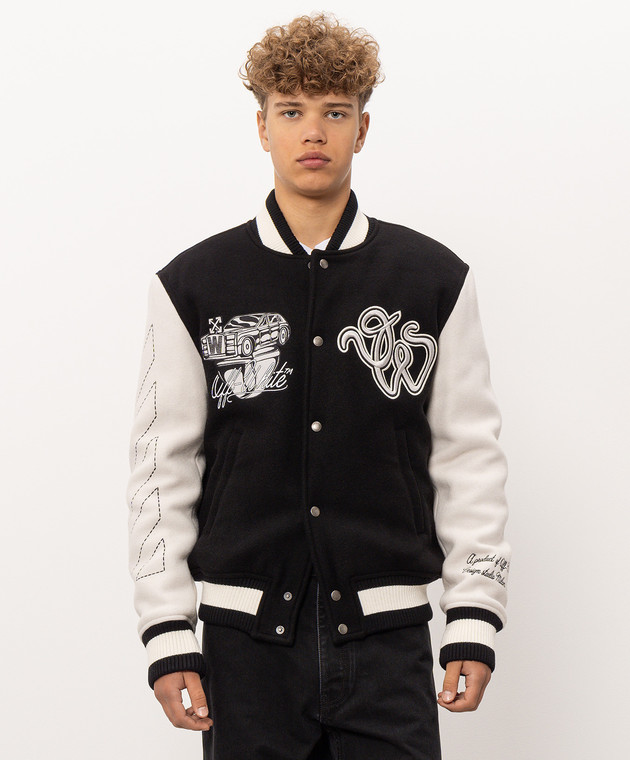 Off-White Чорний бомбер Cat Off Varsity з вовною 44MEH053F26F001 зображення 3
