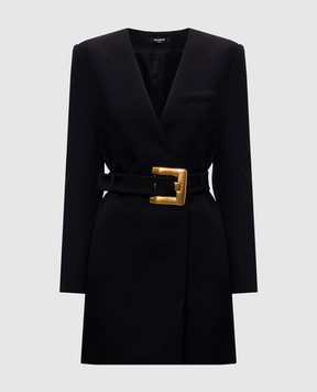 Balmain Черное двубортное платье-жакет из шерсти с поясом HF1R9462WC09