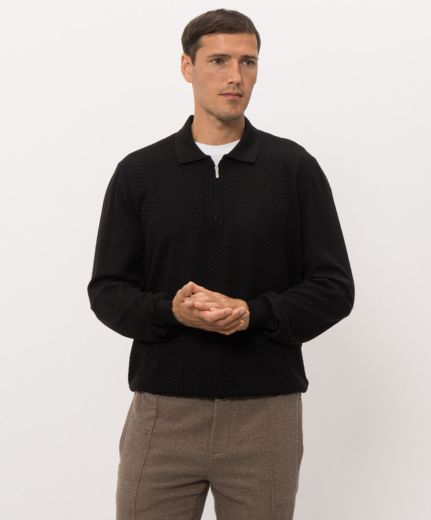 Bertolo Cashmere Черное поло из шерсти и шелка с фактурным узором 90247300251458 изображение 3