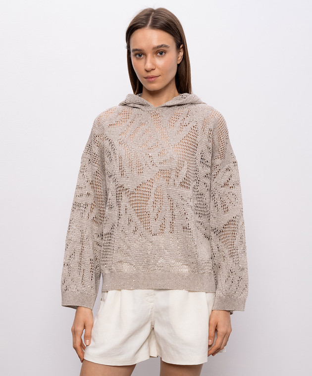 Brunello Cucinelli Бежевий джемпер з льону з капюшоном MDT771009 зображення 3