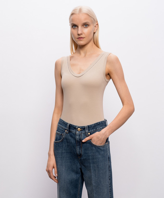 Brunello Cucinelli Бежева майка з ланцюжком моніль MPTC8BJ312 зображення 3