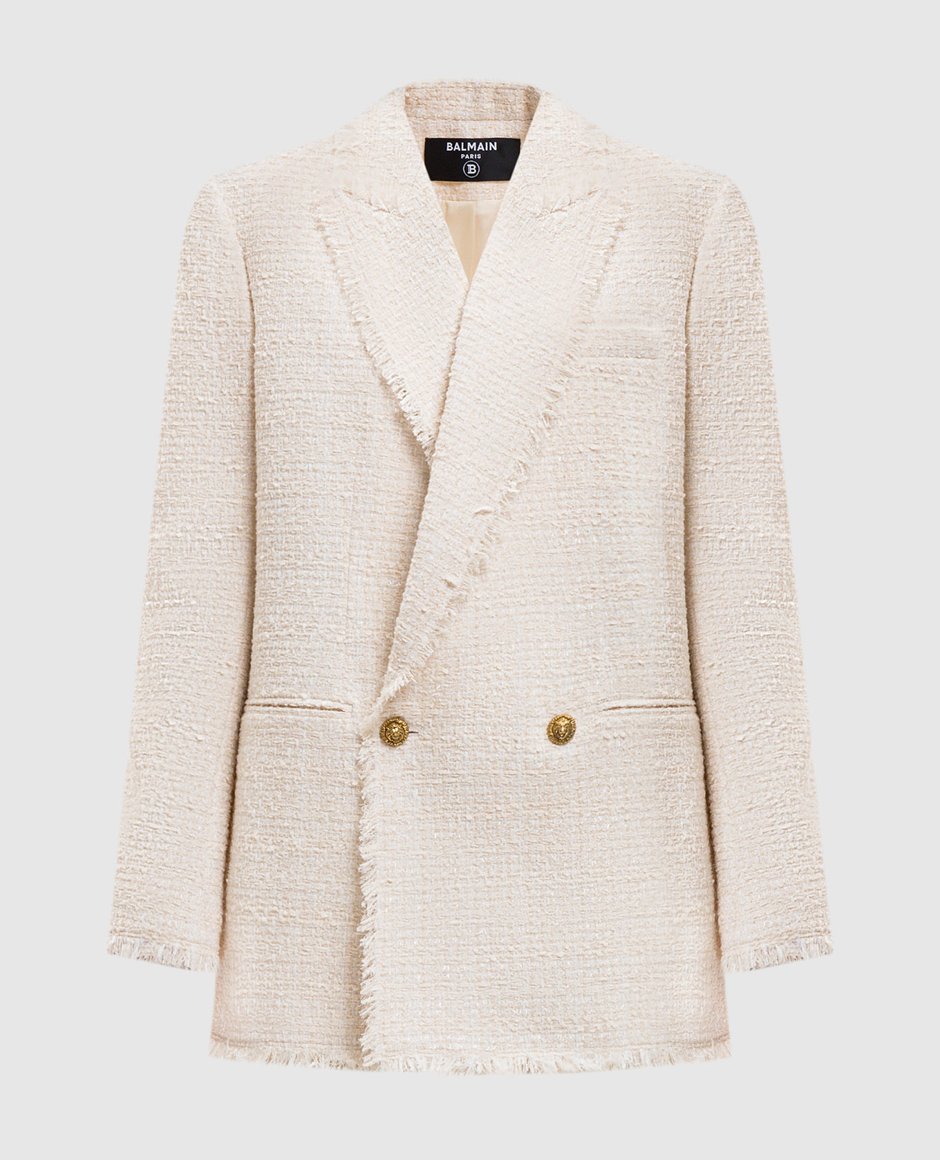 Твидовый двубортный жакет цвета айвори с шерстью