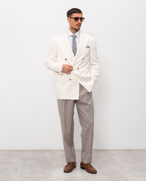 Brunello Cucinelli двубортный пиджак из шелка и льна цвета айвори MR4788BPC