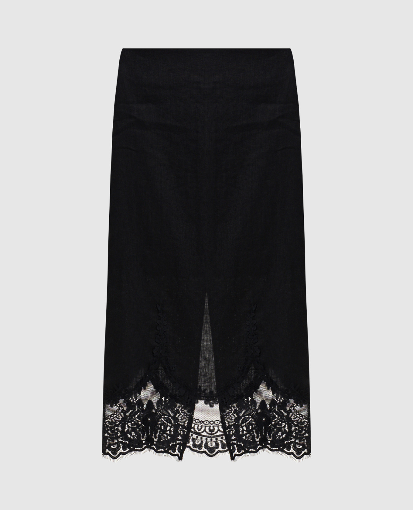 Чорна спідниця міді з льону з мереживом