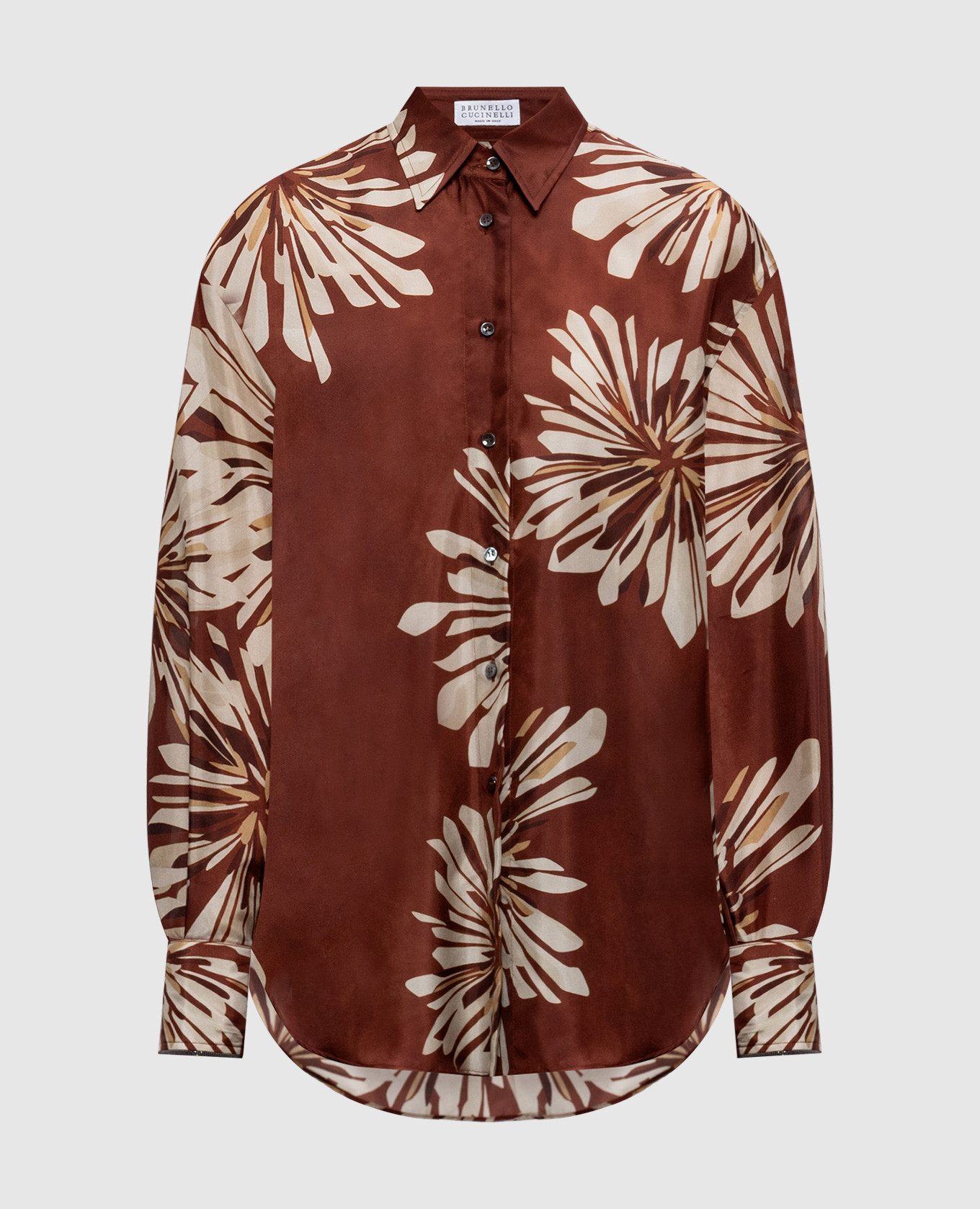 Коричнева блуза із шовку в принт