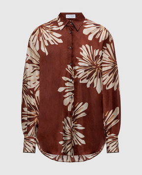 Brunello Cucinelli Коричнева блуза із шовку в принт MQ967RH206